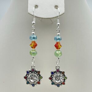 Sterling Silver Plated Multi Color Beaded Flower Rhinestone Dangle Earrings Boho